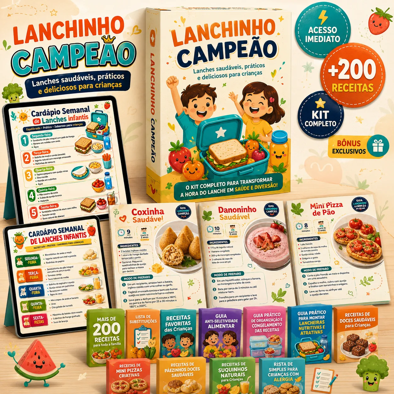 Mockup do produto Lanchinho Campeão com cardápios, receitas e materiais inclusos